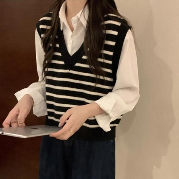 여성 베스트 패션 브이넥 봄가을 니트 단가라 조끼