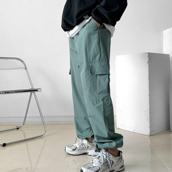 남자 밑단 스트링 카고 와이드 바지 조거핏 팬츠