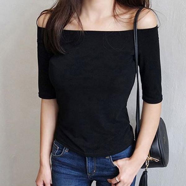 7부 소매 살짝 와이드한 입술넥 오프숄더 여성 티셔츠