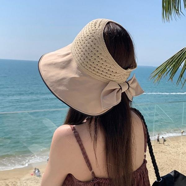 여성 여름휴가 바다 리본장식 라탄 썬캡