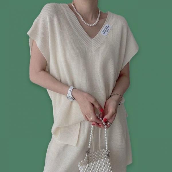 여성 니트 셋업 나시 반바지 여름 투피스 세트 ivory