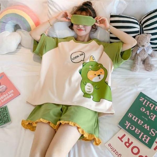 공룡탈 여성 홈웨어 반팔 반바지 여자 여름 잠옷 세트