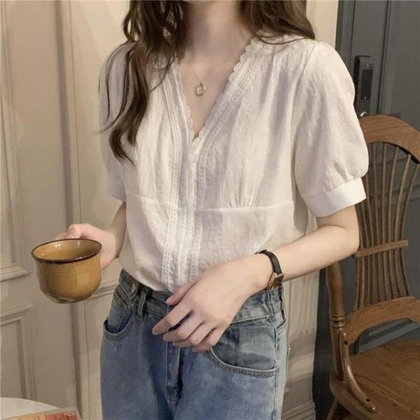 여성 여름 귀여운 브이넥 레이스 반팔 블라우스