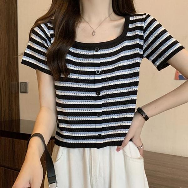 여성 2컬러 크롭 스트라이프 스퀘어넥 반팔 티셔츠
