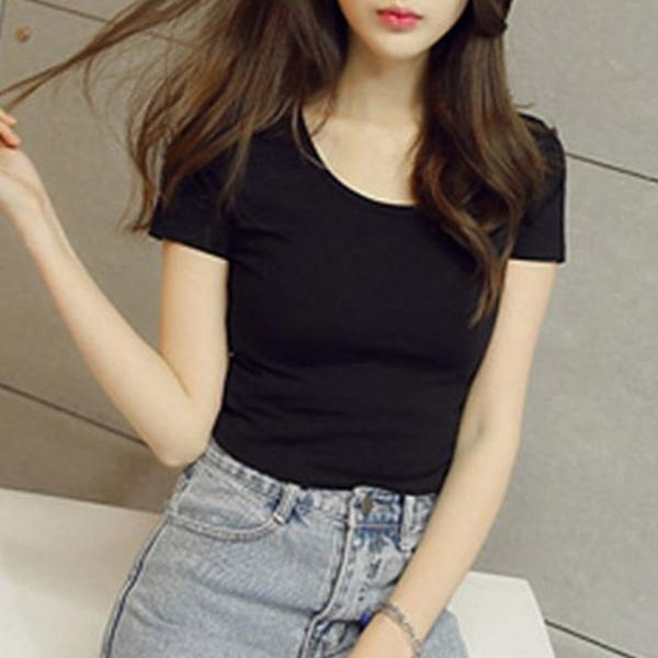 유행을 타지 않는 솔리드 반팔 여성 슬림 크롭티