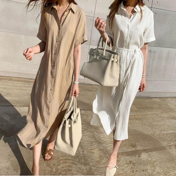 여성 린넨 롱 반팔 셔츠 원피스 시원한 여름 데일리룩