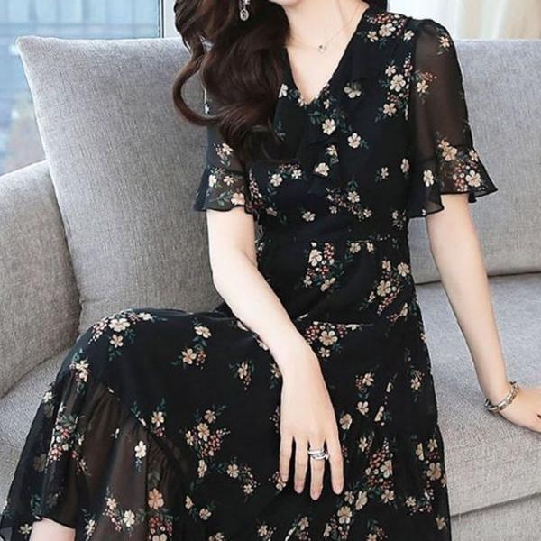 DS168 여성쉬폰원피스 플라워 반팔 여름 원피스