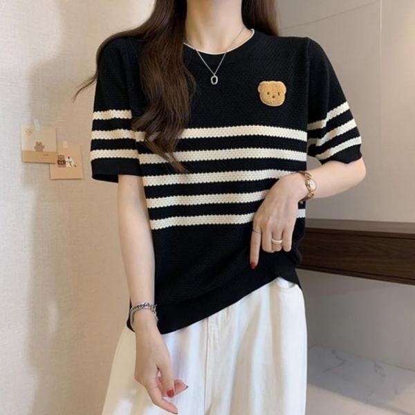 여성 단가라 반팔티 스트라이프 여름 니트 반팔 2색