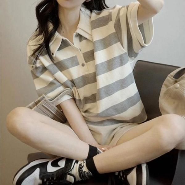 스트라이프 더블 카라 여성 캐주얼 반팔 티셔츠