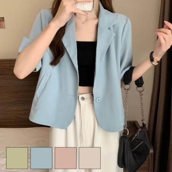 여성 봄 여름 부드러운 크롭 단정무드 자켓 반팔 셔츠