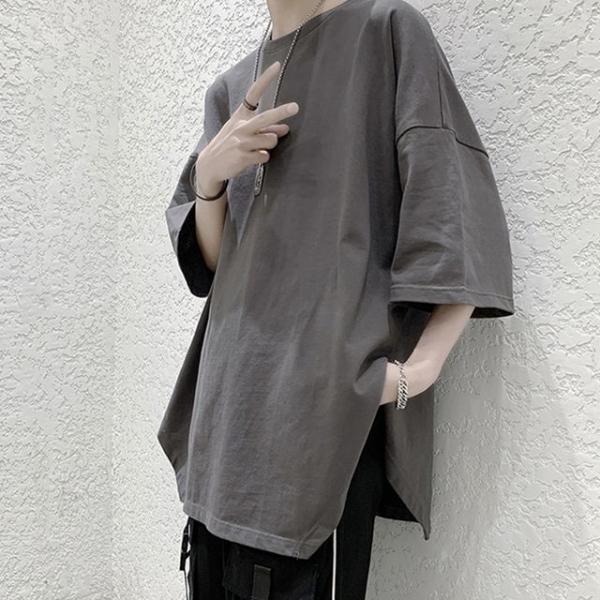 남성 레이어드용 스타일 밑단 트임 반팔 티셔츠