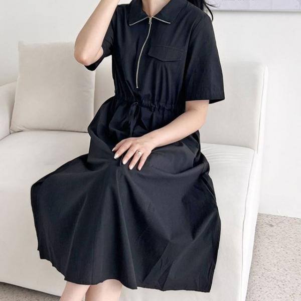 카라 앞지퍼 반집업 여성 여름 반팔 플레어 롱 원피스