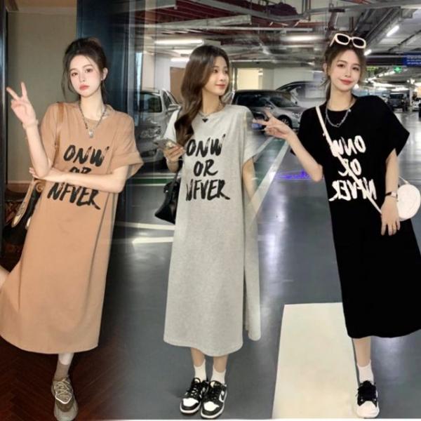 여성 여름 편한 베이직 레터링 캐주얼 롱 반팔원피스