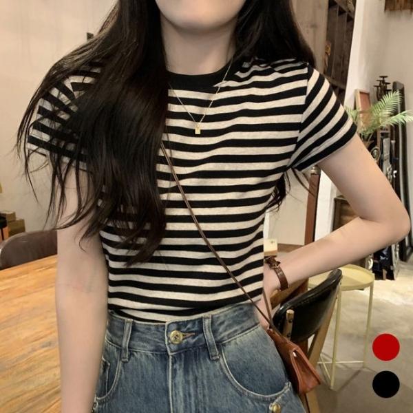 여성 스트라이프 슬림핏 시원한 여름 단가라 반팔티