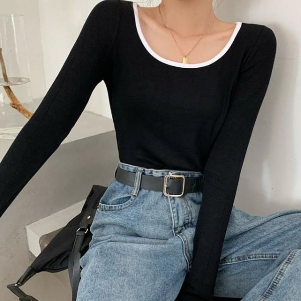 여성 기본 크롭 스타일 넥라인 포인트 긴팔 티셔츠