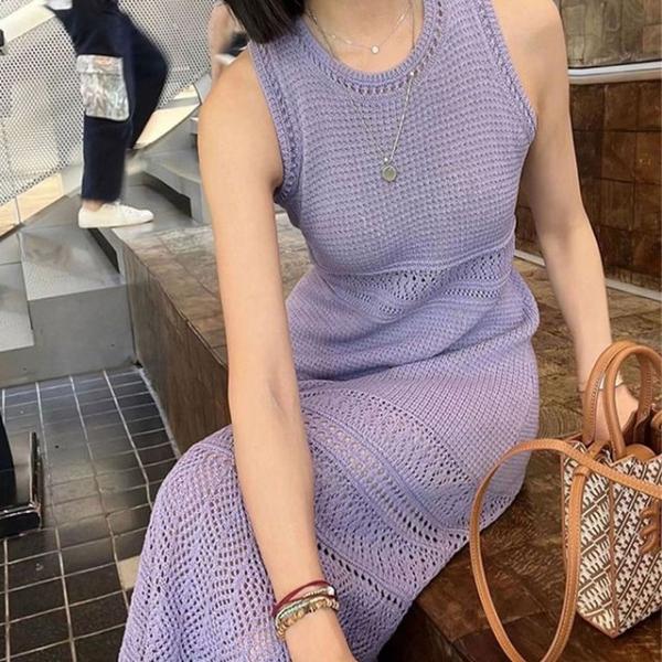 여성 여름 니트 롱 원피스 민소매 나시 펀칭 휴양지