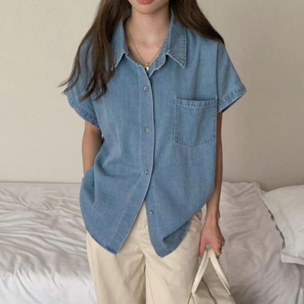 여성 포켓 데님 카라 셔츠 1P 여름 청남방 넓은 소매