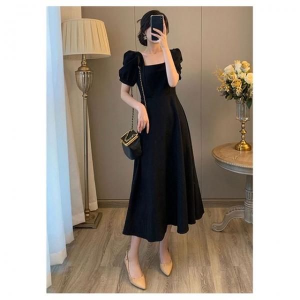 벌룬 소매 여성 블랙 롱 A라인 여름 원피스 하객룩