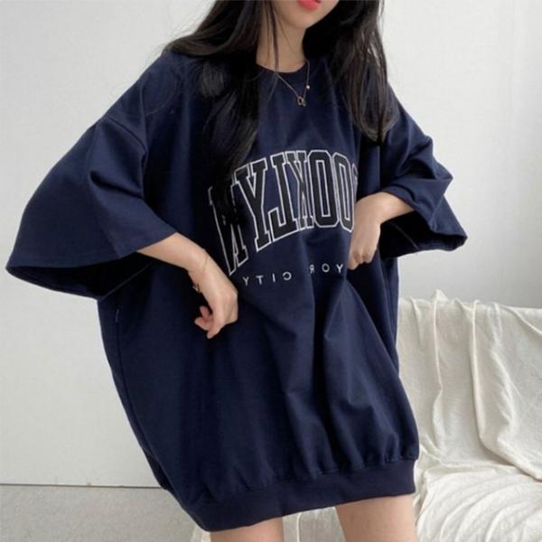 여성 가오리 맨투맨 반팔 티셔츠 1P 박스핏 편한 긴티