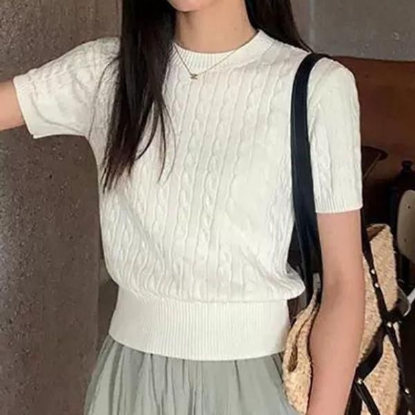 여성 꽈배기 여름 세미 크롭 라운드 반팔 니트