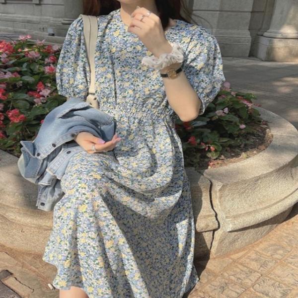 여성 잔꽃무늬 허리 밴딩 스모크 플라워 반팔 원피스