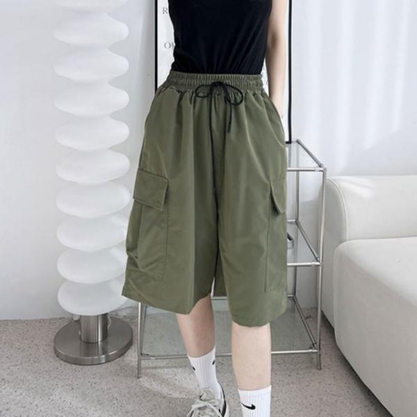 캐주얼 핀턱 주름 여성 카고 밴딩 오버핏 반바지 팬츠