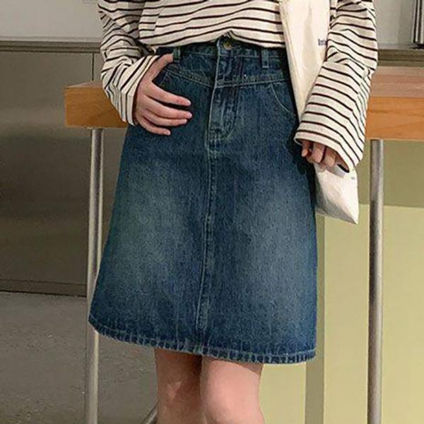 여성 청치마 미디 데님 스커트 하이웨스트 세미 치마