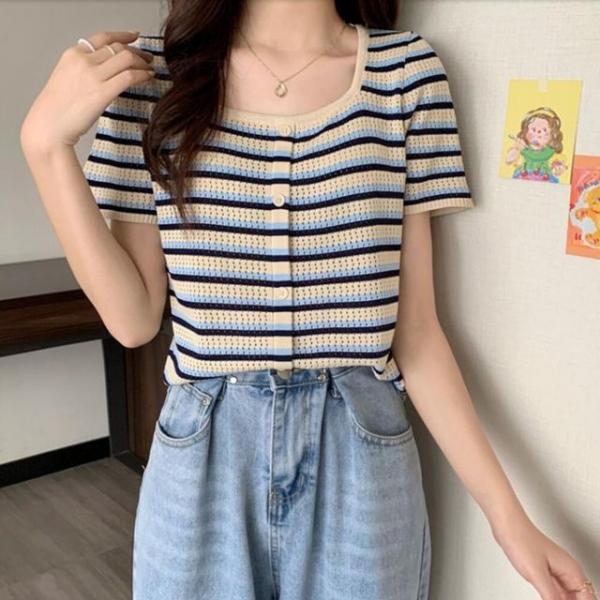 여성 시원한소재 가디건 모양 스트라이프 반팔 티셔츠