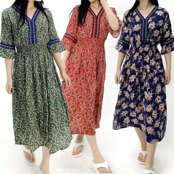 화사한 여성 휴양지 비치 플라워 패턴 반팔원피스