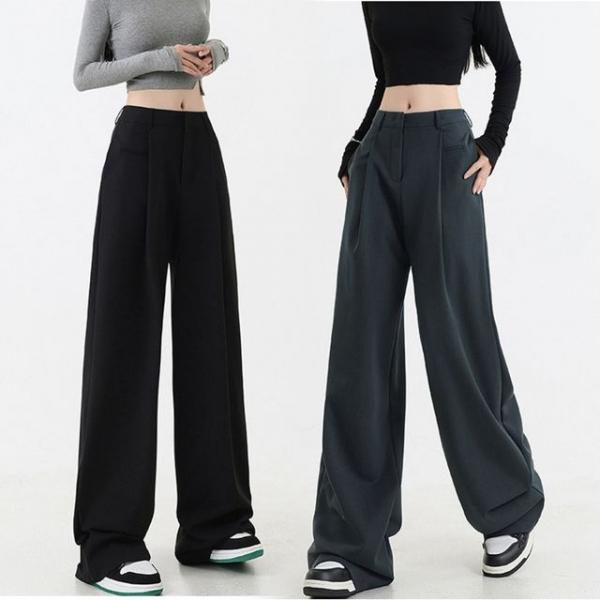 여름 얇은 여성 뒷밴딩 핀턱 와이드 슬랙스 정장 바지