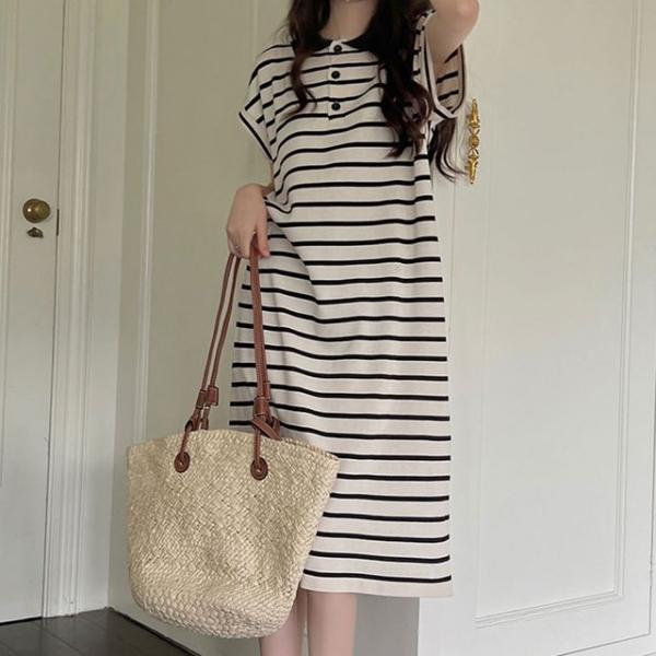 스트라이프 캐주얼 여성 카라 롱 원피스 여름 반팔
