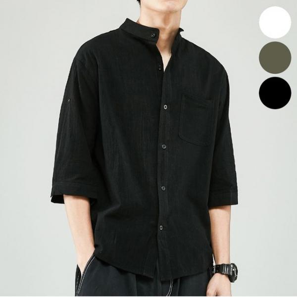 남자 린넨 반팔 롤업 소매 차이나카라 여름 셔츠