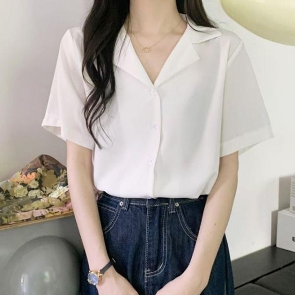 심플 여성 반팔 블라우스 여자 카라넥 반팔 셔츠 남방