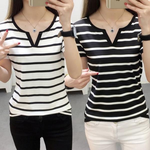 여성 앞트임 스트라이프 줄무늬 반팔 티셔츠