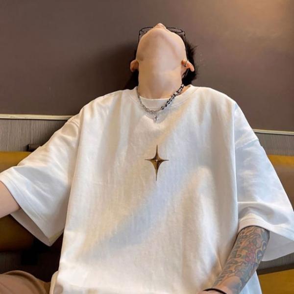 남자 라운드넥 깔끔 프린딩 면 캐주얼 반팔 티셔츠