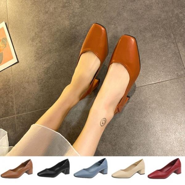 블로퍼 활용 스퀘어 토 세련 미들힐 여성 펌프스뮬