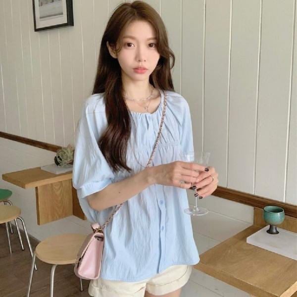 여성 반팔 셔링 노카라 블라우스 여름 플레어 셔츠