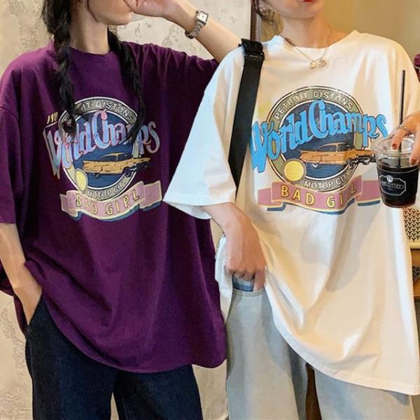 프린팅 레터링 여성 여름 라운드 반팔 티 셔츠