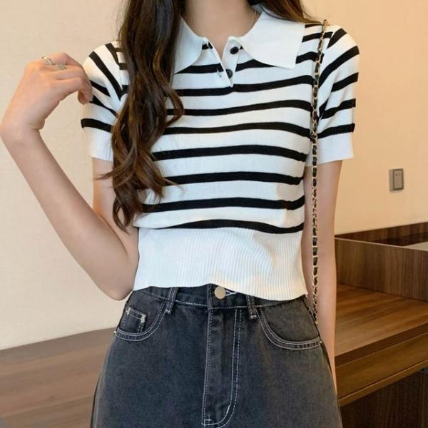여성 여름 니트 소재 스트라이프 크롭 반팔 티셔츠