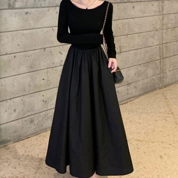 블랙 라운드넥 A라인 여성 롱 원피스 봄 가을 긴팔