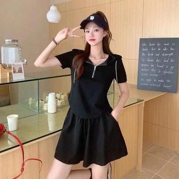 여성 루즈핏 반팔 반집업 치마바지 상하 세트 셋업