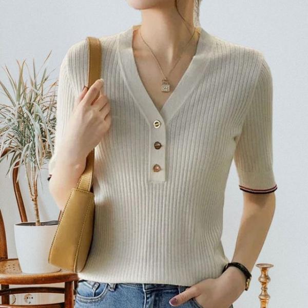 여성 여름 골지 브이넥 반팔 니트 티셔츠 화이트