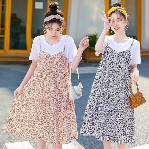 컬러풀 플라워 패턴 여성 페이크 반팔 나시 원피스