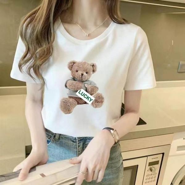 여성 티셔츠 라운드 반팔 곰돌이 프린팅 데일리티