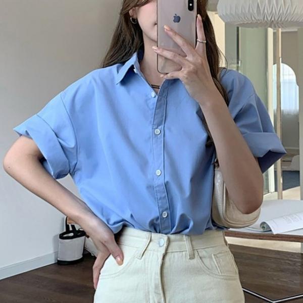 베이직 디자인 여성 데일리 루즈핏 반팔 와이셔츠