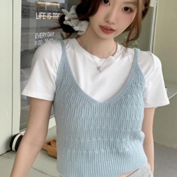 여성 여름 그물 망사 크롭 니트 레이어드 조끼