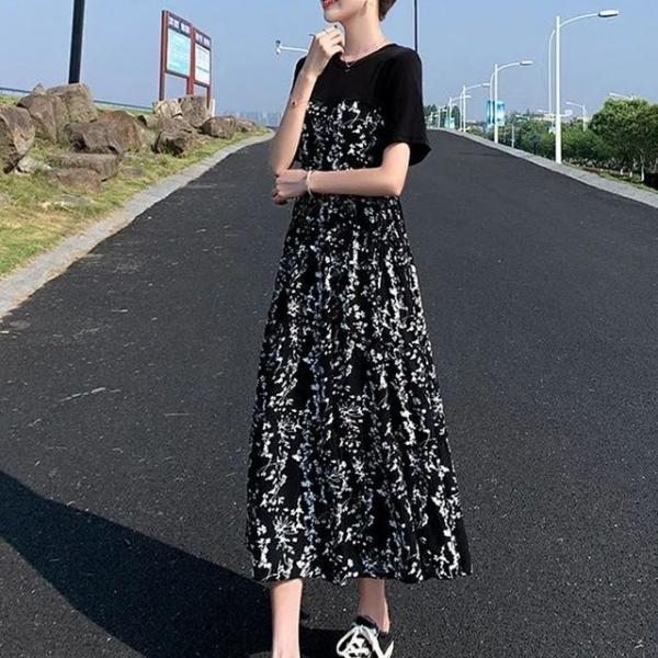 여자 꽃무늬 패턴 일체형 레이어드 하이웨스트 원피스