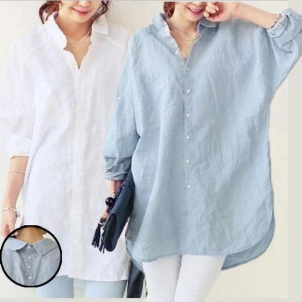 여성 카라 뒷단추 포인트 간절기 롱셔츠 롱블라우스