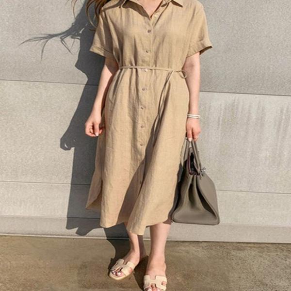 여성 여름 린넨 시원한 롱 원피스 반팔 셔츠 허리끈