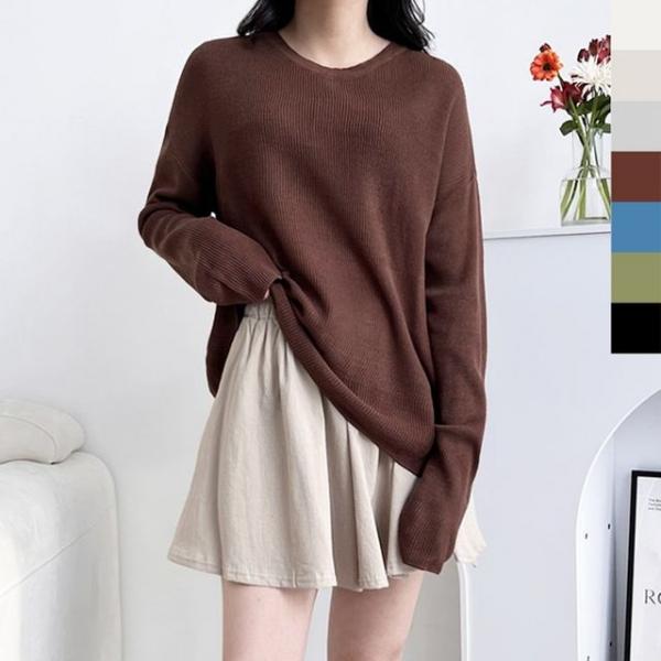 여성 루즈핏 린넨 긴팔 니트 1P 라운드 봄여름 티셔츠